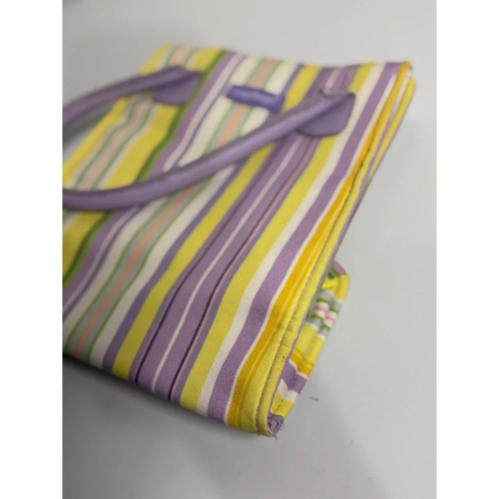 Longaberger Tote Bag Purple Yellow Multi Stripe Canvas Top Handle Purse Handbag